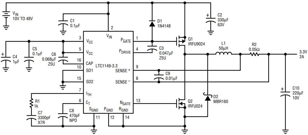 AN54, Application Circuit Using LTC1149 10-48 V, 3.3V/2A High Voltage Buck Converter