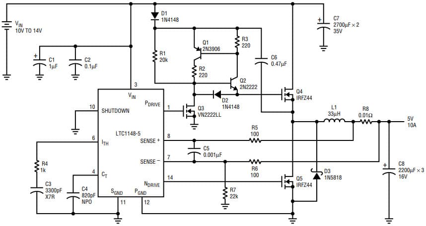 AN54, Application Circuit Using LTC1148 10-14 V, 5V/10A High Current Buck Converter