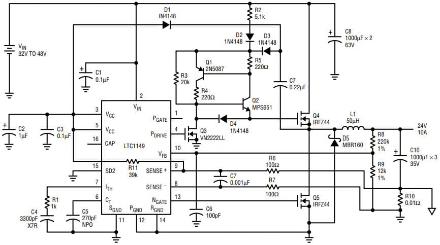 AN54, Application Circuit Using LTC1149 32-48 V, 24V/10A High Current, High Voltage Buck Converter