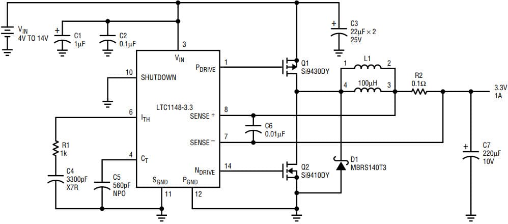 AN54, Application Circuit Using LTC1148 4-14 V, 3.3V/1A Buck Converter with Surface Mount Technology