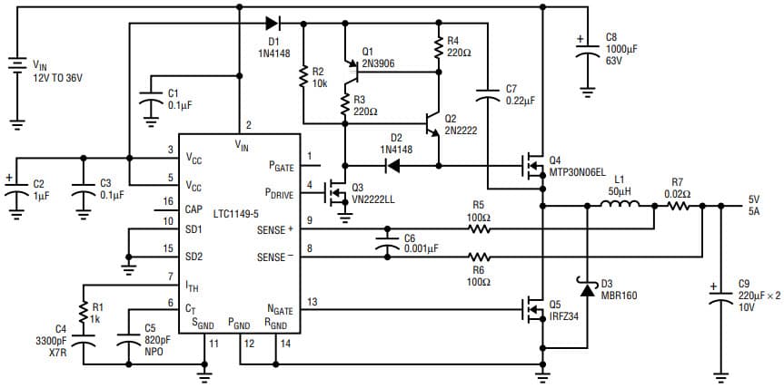 AN54, Application Circuit Using LTC1149 12-36 V, 5V/5A High Current, High Voltage Buck Converter