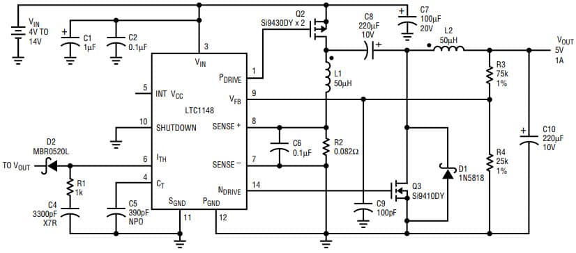 AN54, Application Circuit Using LTC1148 4-14 V, 5V/1A SEPIC Converter