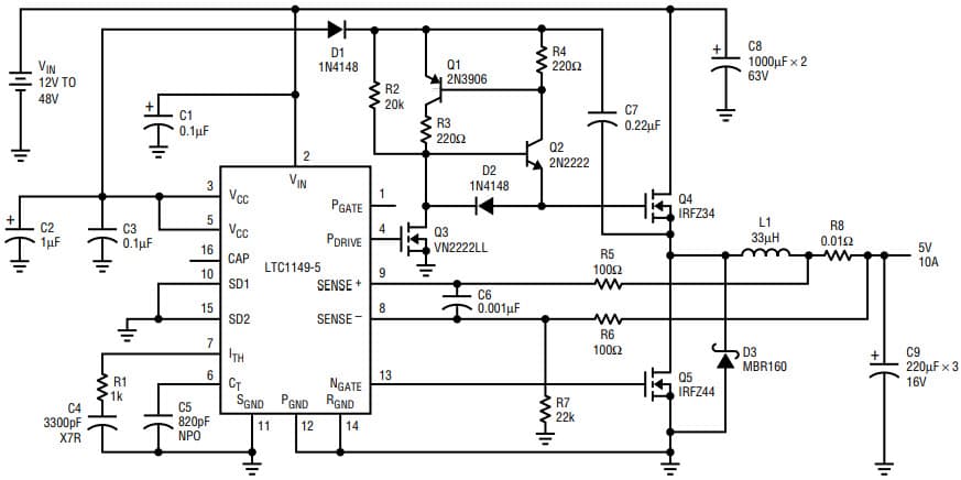 AN54, Application Circuit Using LTC1149 12-48 V, 5V/10A High Current, High Voltage Buck Converter