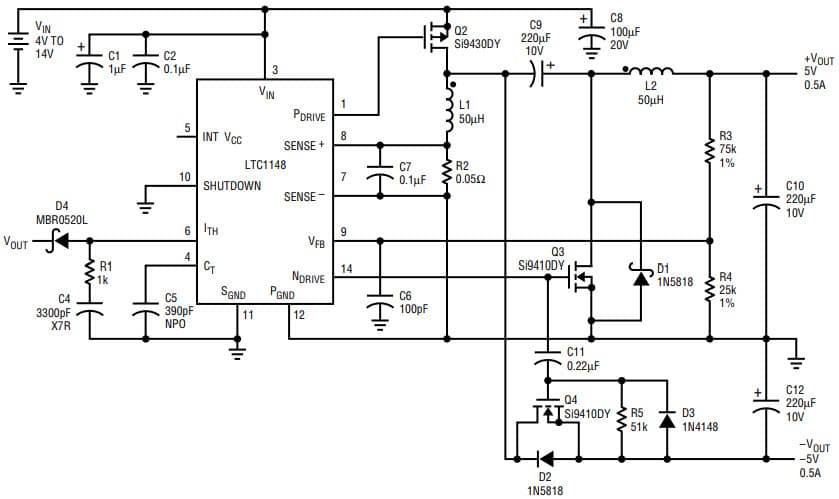 AN54, Application Circuit Using LTC1148 4-14 V, 5V/0.5A, -5V/0.5A Split Supply Converter