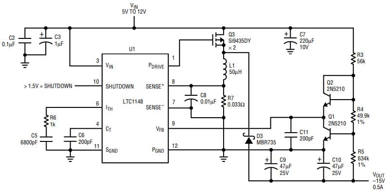 AN54, Application Circuit Using LTC1148 5-12 V, -15V/0.5A Buck-Boost Converter