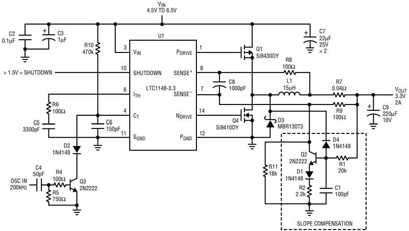 AN54, Application Circuit Using LTC1148 4.5-6.5 V, 3.3V/2A Constant Frequency Buck Converter