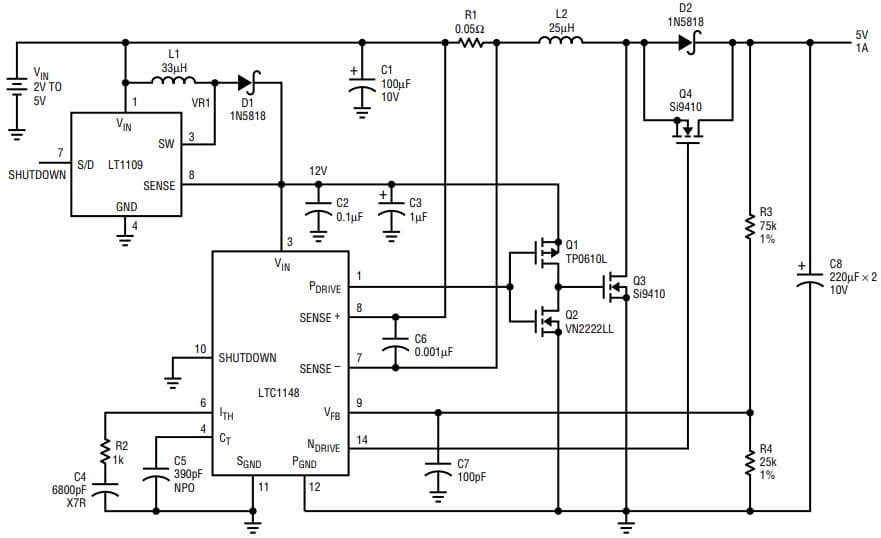 AN54, Application Circuit Using LTC1148 2-5 V, 5V/1A Boost Converter