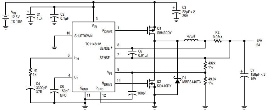 AN54, Application Circuit Using LTC1148HV 12.5-18 V, 12V/2A High Voltage Buck Converter