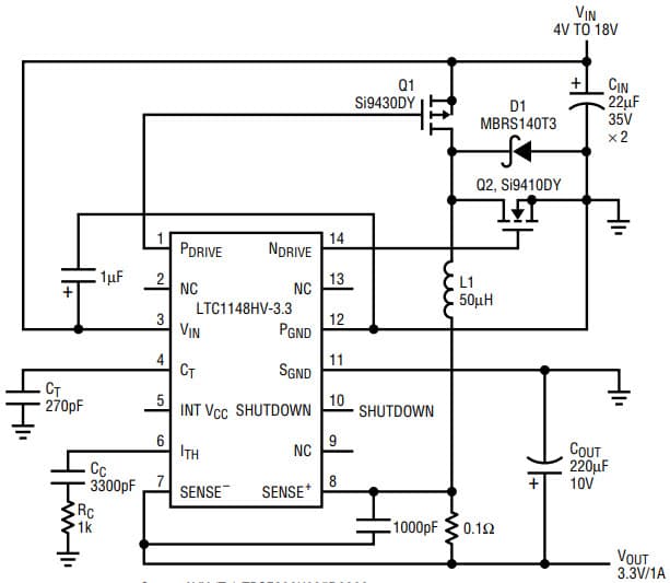 AN54, Application Circuit Using LTC1148HV-3.3, 4-18 V, 3.3V/1A High Voltage Buck Converter