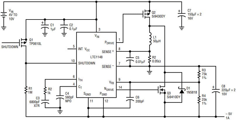 AN54, Application Circuit Using LTC1148, 4-10V, -5V/1A Positive-to-Negative Converter