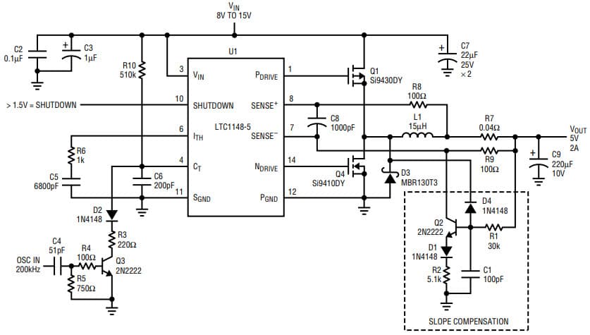 AN54, Application Circuit Using LTC1148 8-15 V, 5V/2A Constant Frequency Buck Converter