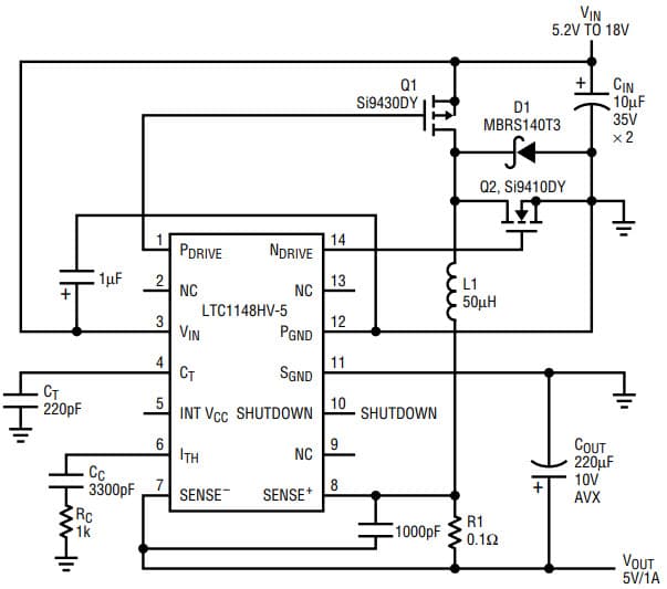 AN54, Application Circuit Using LTC1148HV-5, 5.2-18 V, 5V/1A High Voltage Buck Converter