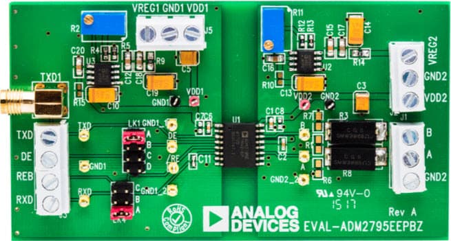 EVAL-ADM2795EEPBZ, Certified Evaluation Board based on ADM2795E-EP Robust 5kV RMS Isolated RS-485 Transceiver with Level 4 DO-160G EMC, Full ±42 V Protection