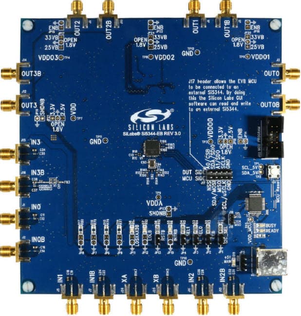 SI5344-EVB, Evaluation Board based on Si5344 Any-Frequency, Any-Output, Jitter Attenuating Clock Multiplier