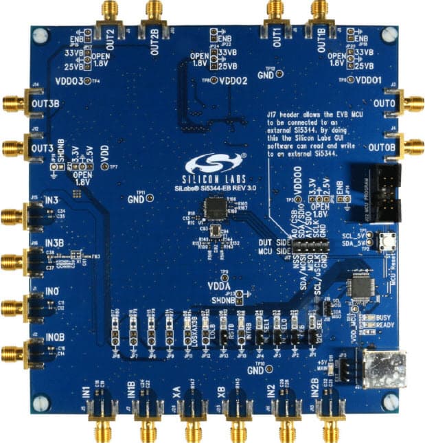 SI5344-D-EVB, Evaluation Board based on Si5344 Any-Frequency, Any-Output, Jitter-Attenuating Clock Multiplier, rev.D