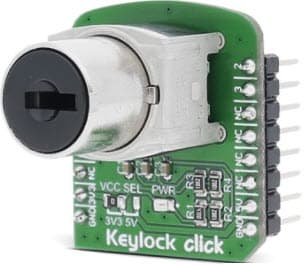 MIKROE-2564, KeyLock CLICK Board based on SK14DG13 Switch KeyLock carries a Processed Sealed Key Lock Mechanism in 3-Different Positions