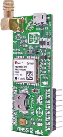 MIKROE-2670, GNSS 5 CLICK Board based on NEO-M8N GNSS Receiver Module to Determine Current Position