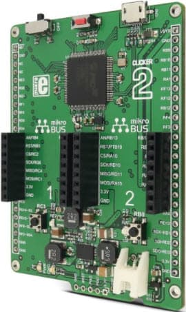 MIKROE-2800, Clicker 2 PIC32MZ Development Kit with two mikroBUS sockets based on the PIC32MZ 32-bit MCU