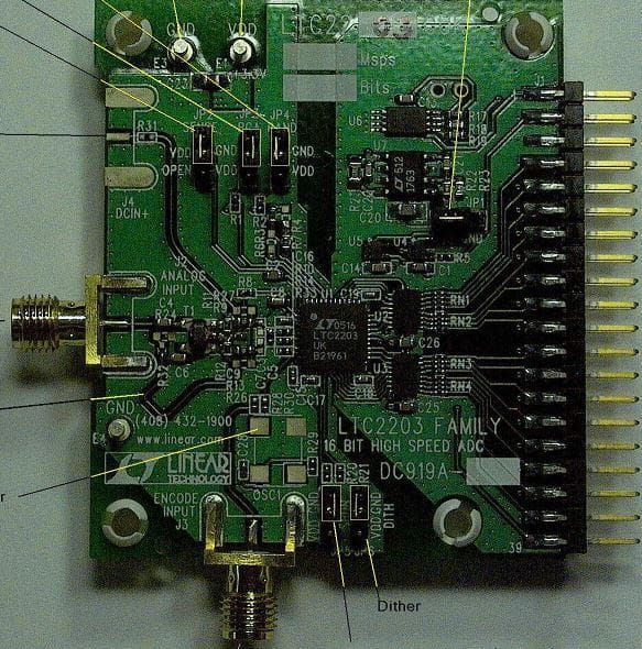 DC919A-E, Demo Board featuring LTC2203 CMOS OUT, DC INPUT, 25Msps 16-Bit ADC, DC< Ain < 70MHz