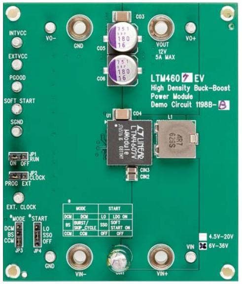 DC1198B-B, Demo Board using the LTM4607EV, 6 to 36 Vin to 12V, 5A High Efficiency Buck-Boost DC/DC Module Regulator