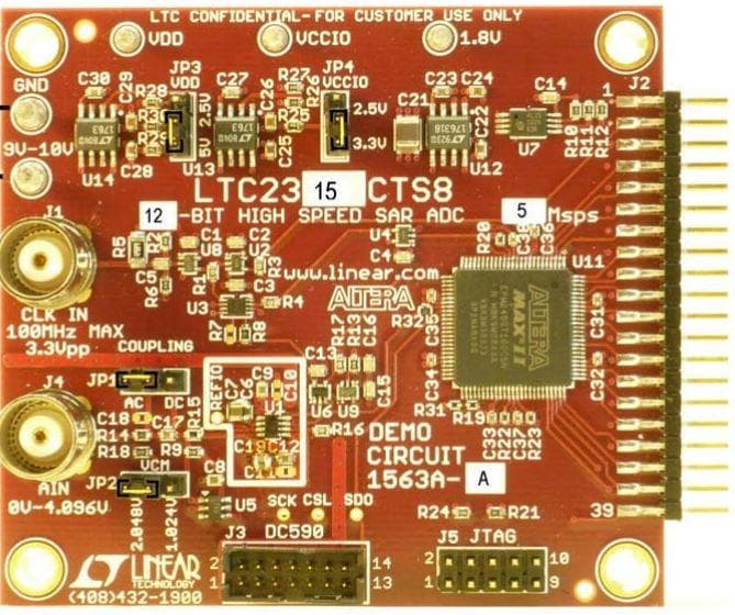 DC1563A-F, Demo Board using LTC2314CTS8-14, 14-bit, 4.5 MSPS serial sampling Analog to Digital Converter