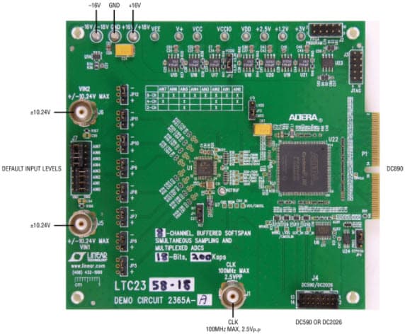 DC2365A-F, Demo Board based on LTC2357-16 Buffered Quad, 16-Bit, 350-ksps Simultaneous Sampling SAR ADC