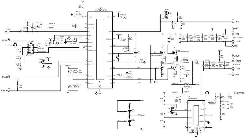 DC2641A, Demo Board based on LTC7801EUFD Sync Buck Controller, 16V = VIN = 100V, VOUT = 12V @ 10A