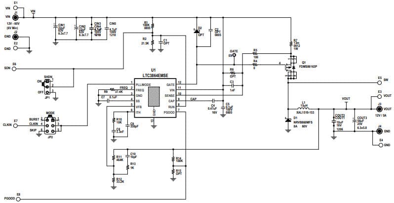 DC2434A, Demo Board based on LTC3864 12V = VIN = 60V, Vout = 12V @ 5A Buck Controller