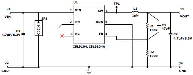 ISL9104IRUFEVAL1Z, Evaluation Board based on ISL9104IRUFZ-T 2.5V Low Quiescent Current, High Efficiency Step-Down Regulator