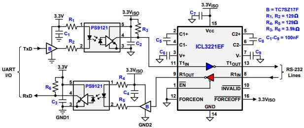 AN1992, Isolating RS-232 Interfaces with High-Speed Digital Optocouplers Application Circuit