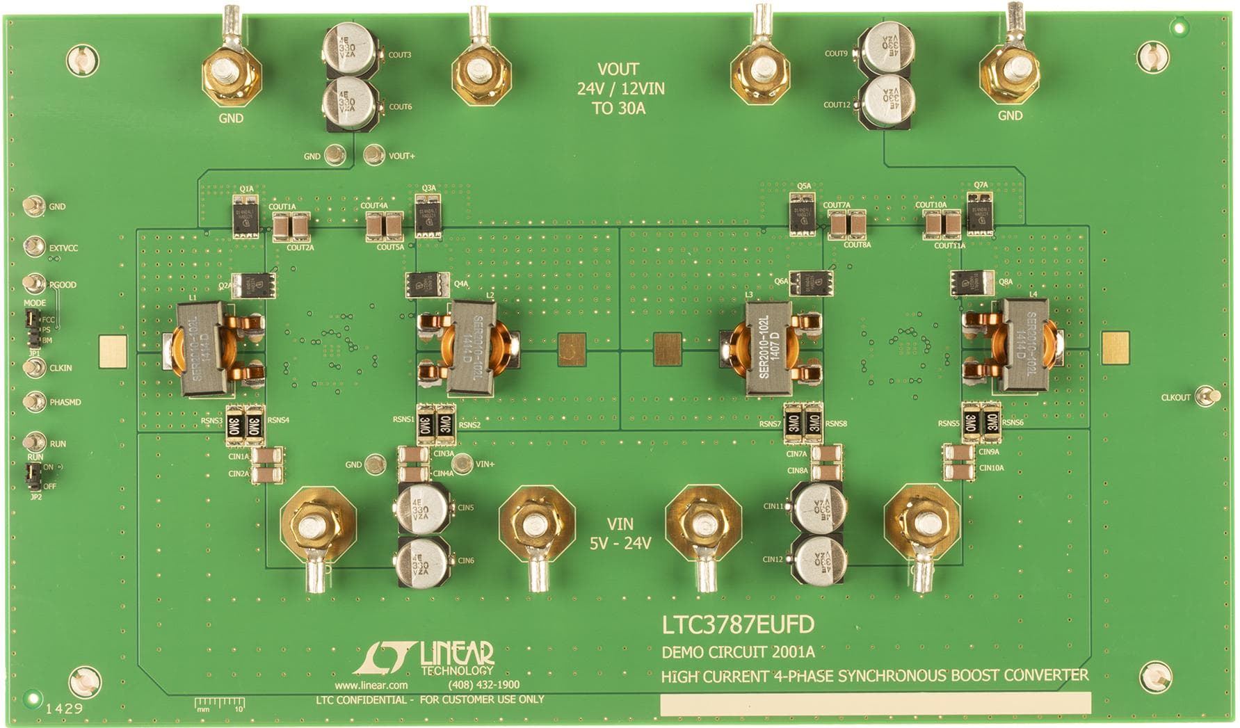 DC2001A, Demonstration Board using LTC3787EUFD, 4-phase high current synchronous step-up converter