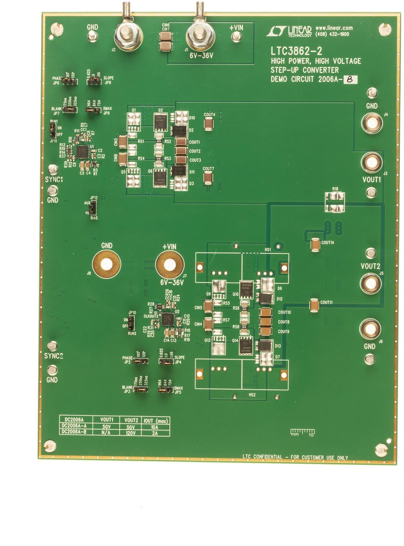 DC2006A-B, Demo Board featuring LTC3862EUH-2 High Power, High Voltage Step-Up Converter, 6V = VIN = 36V, VOUT = 120V @ 2.5A