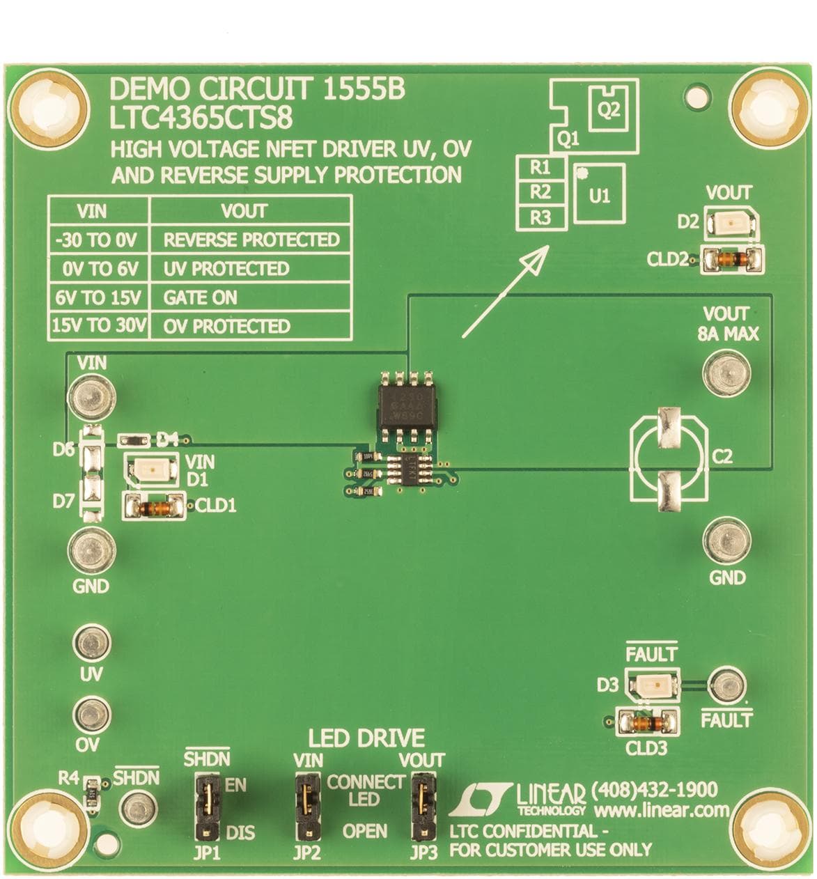 DC1555B, Demo Board featuring LTC4365CTS8 High Voltage NFET Driver for UV, OV and Reverse Supply Protection