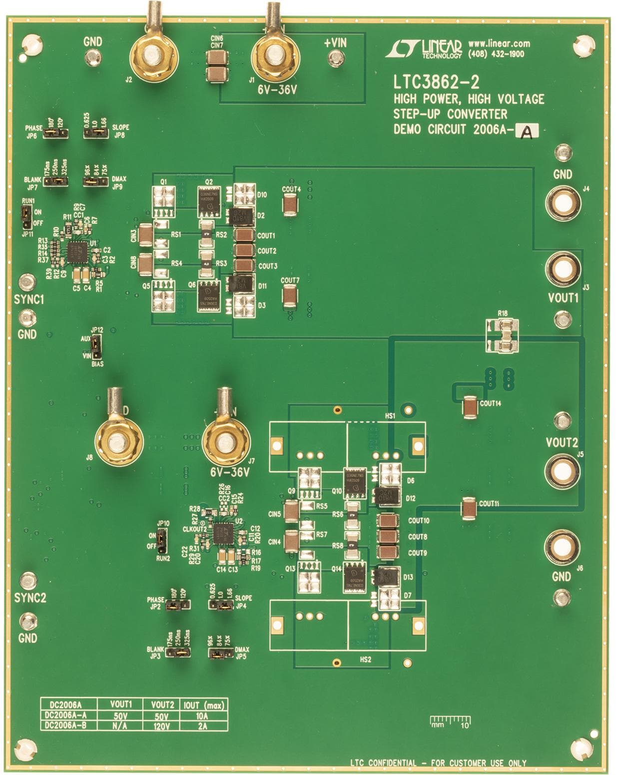 DC2006A-A, Demo Board featuring LTC3862EUH-2 High Power, High Voltage Step-Up Converter, 6V = VIN = 36V, VOUT = 50V @ 10A