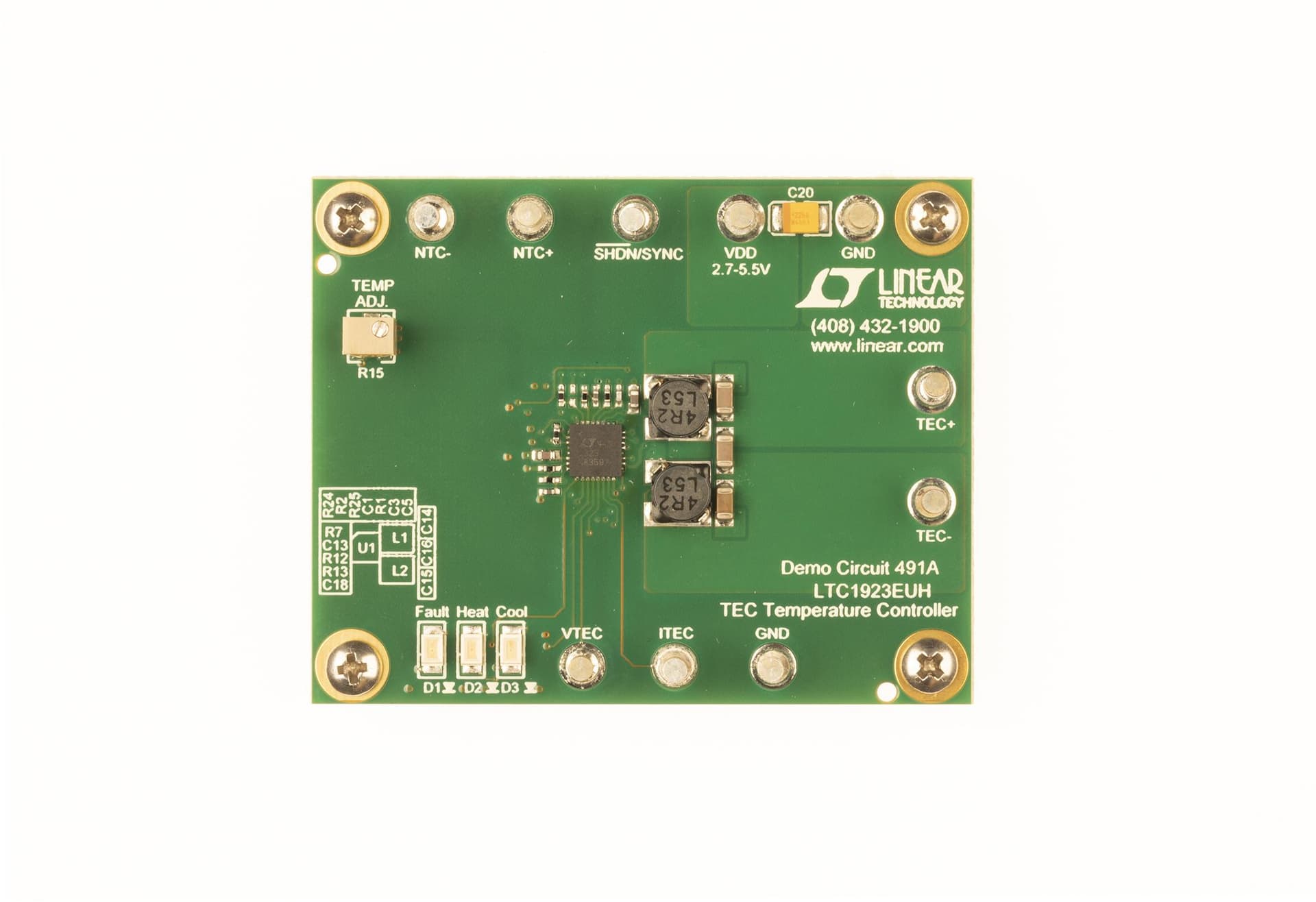 DC491A, Demo Board based on LTC1923EUH TEC Temperature Controller, 1.0-MHz Switching Frequency, 2.7-5.5V Input