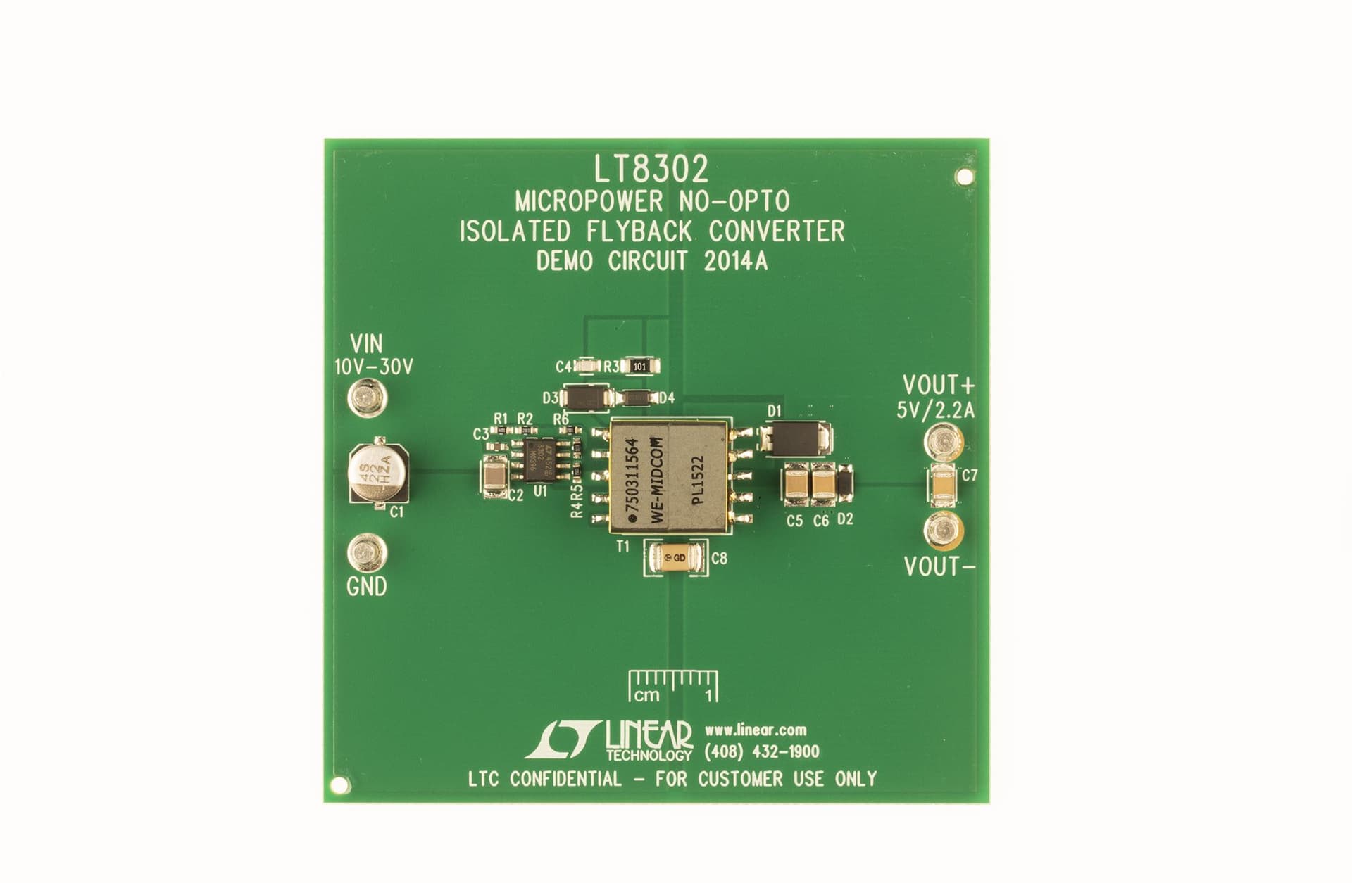 DC2014A, Demo Board featuring LT8302ES8E Isolated 10V = VIN = 30V, VOUT = 5V @ 2.2A, Micro-power No-Opto-Isolated Flyback Converter