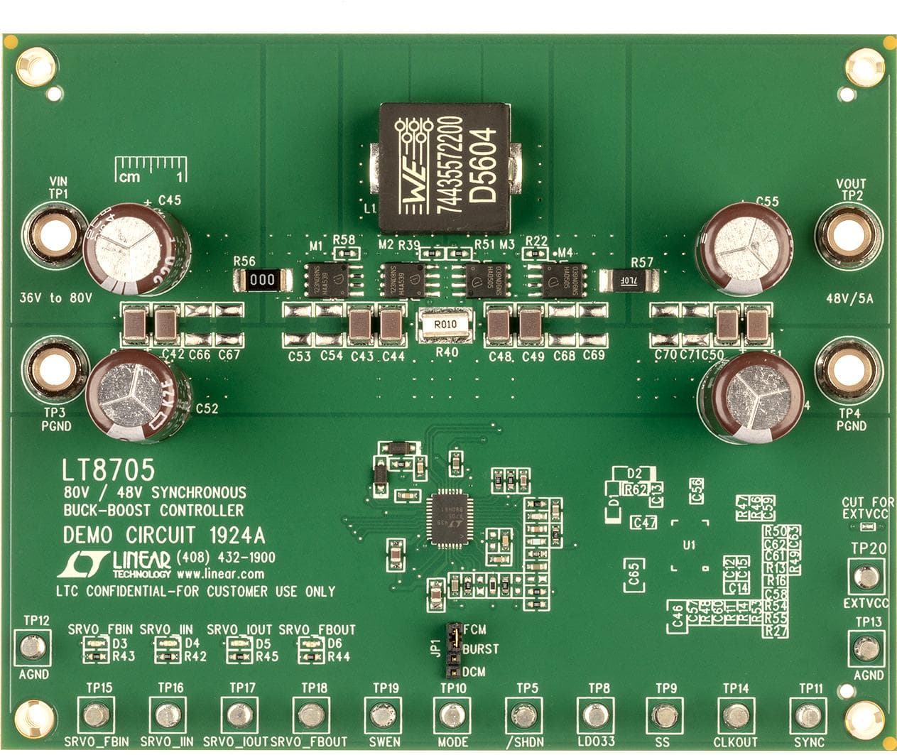 DC1924A, Demonstration Board using LT8705, 80V VIN and VOUT synchronous 4-switch buck-boost DC-DC controller