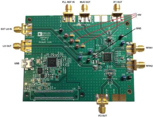 ADRF6612-EVALZ, Evaluation Board for Evaluating the ADRF6612 700 to 3000 MHz Rx Dual Mixer with Integrated Fractional-N PLL and VCO