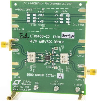 DC2076A-A, Demo Board based on LTC6430-20 Optimized 50MHz to 350MHz Differential ADC Driver, IF/RF Amplifier