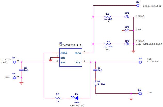 DC569A, Demo Board based on LTC4054ES5-4.2, 4.25 to 10Vin, Jumper selectable, 450mA, 600mA, Li-Ion Battery Charger