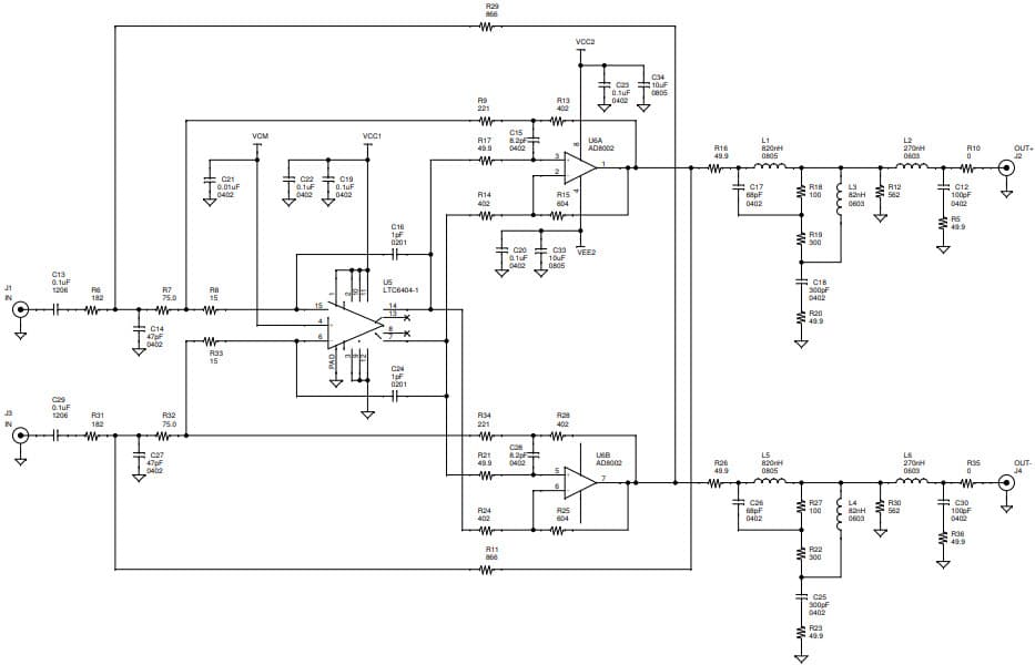 DC2623A, Demo Board for LTC6404-1 + AD8002 ADC Driver Board, Low Distortion ADC Driver for LTC2387 Family, Input Frequencies >1MHz