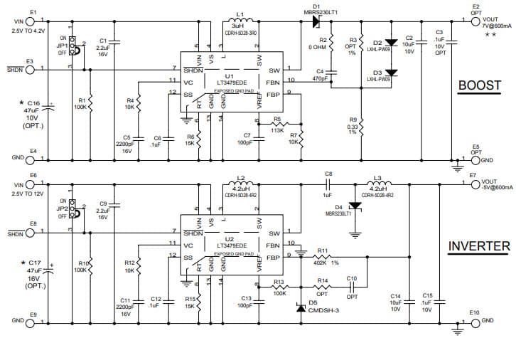 DC765A, Demo Board based on LT3479EDE 1MHz Positive Negative Converter (LT3479 ×2) @ 2.5V = VIN = 4.2V, VOUT >= 7V @ 600mA Boost, 2.5V = VIN = 12V, VOUT = -5V @ 600mA Inverter