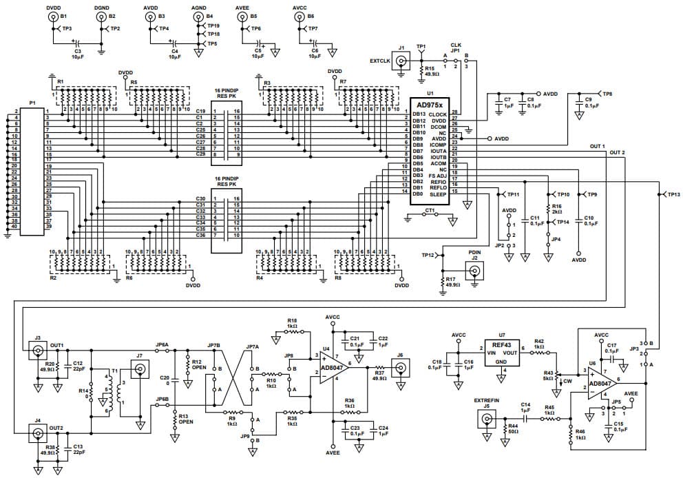 AD9754-EB, Evaluation Board for AD9754, 14-Bit, 125 MSPS High Performance D/A Converter