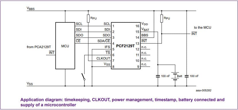 Timekeeping, CLKOUT, Power Management, TimeStamp, Battery Connected and Supply of MCU Application for the PCF2129T Industrial TCXO RTC