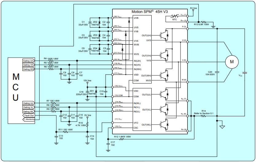 Smart Power Module, Motion SPM 45 V3 Series Application Circuit