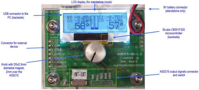 AS5215-DB, Demo Board for AS5215 Programmable 360 degree Magnetic Angle Encoder with SINE & COSINE Output Signals