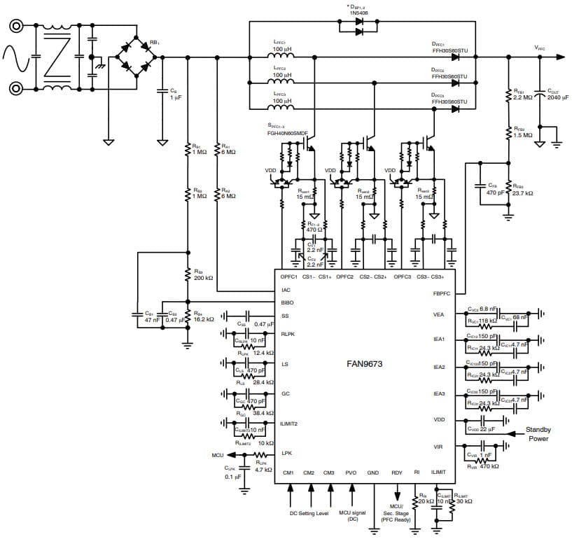 3-Channel Interleaved CCM PFC Using the FAN9673 85 to 264 VAC Input, 5kW CCM PFC Controller