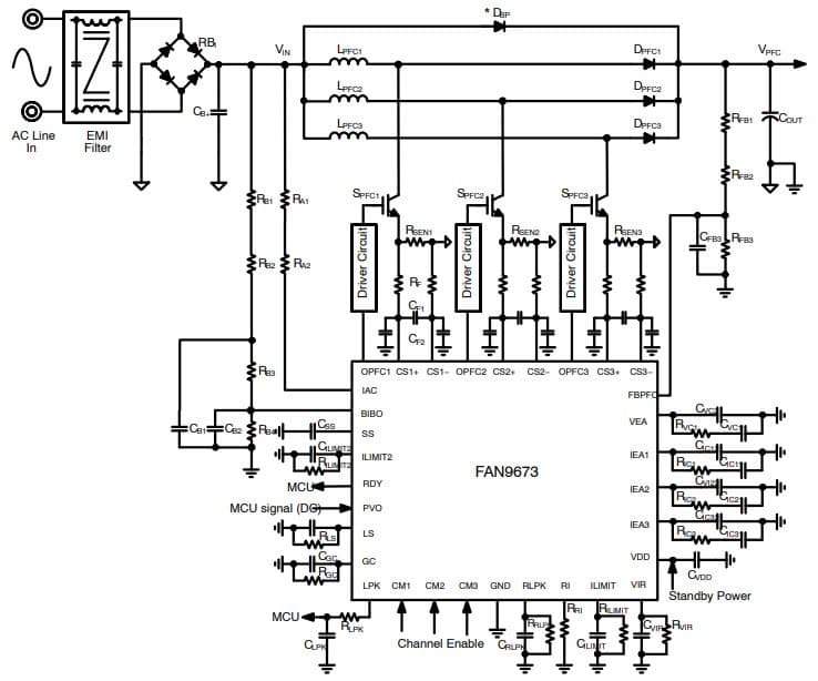 3-Channel Interleaved CCM PFC Using the FAN9673 180 to 264 VAC Input, 5kW CCM PFC Controller