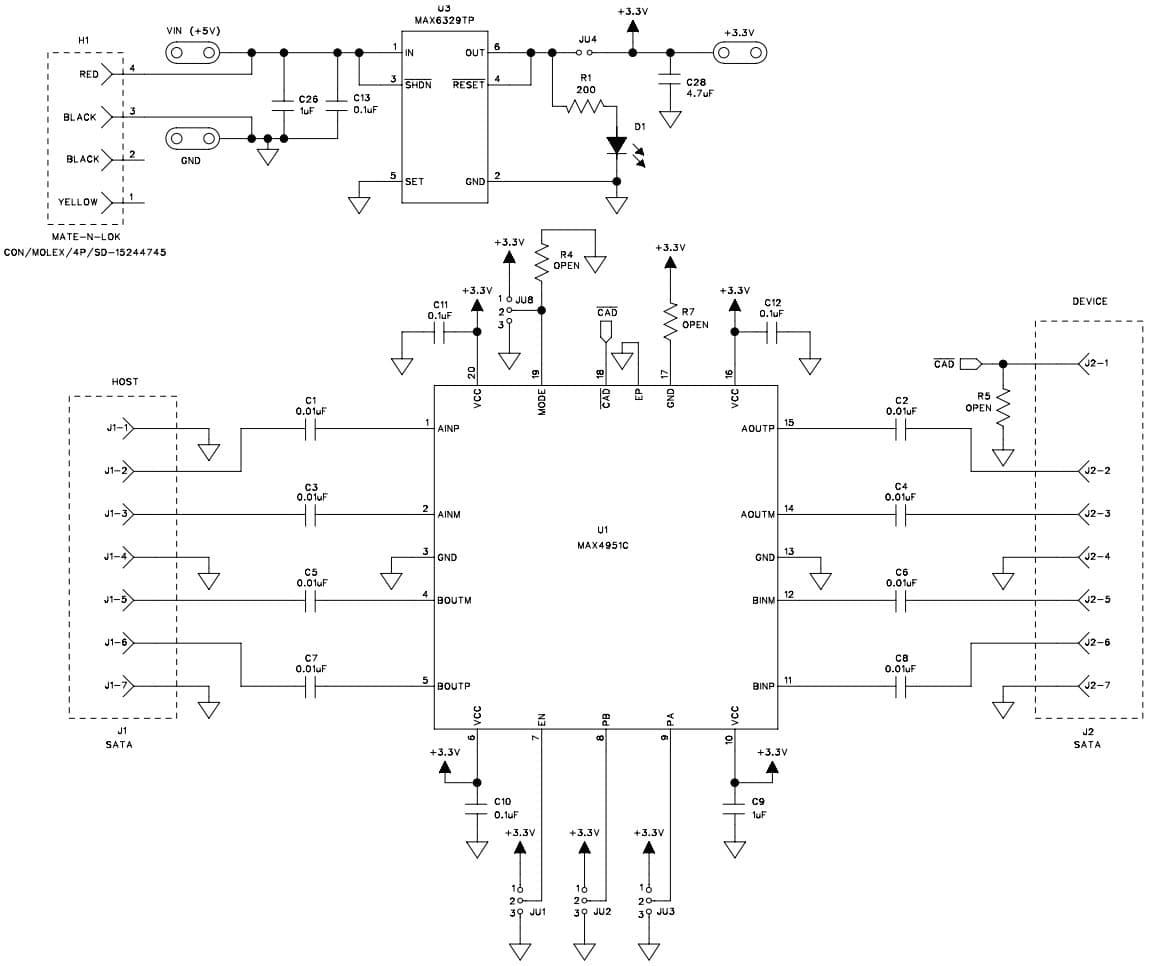 MAX4951CEVKIT#, Evaluation Kit for the MAX4951C 6 Gbps SATA Bidirectional Redriver