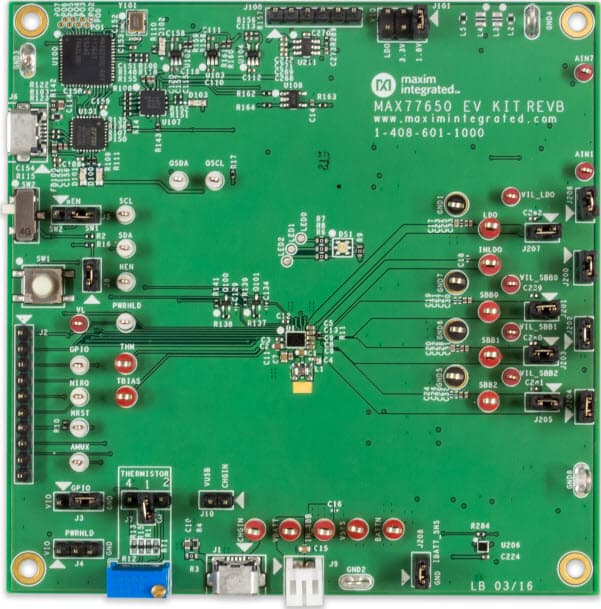 MAX77650EVKIT#, Evaluation Kit for MAX77650 Ultra-Low Power PMIC with 3-Output SIMO and Power Path Charger for Small Li+